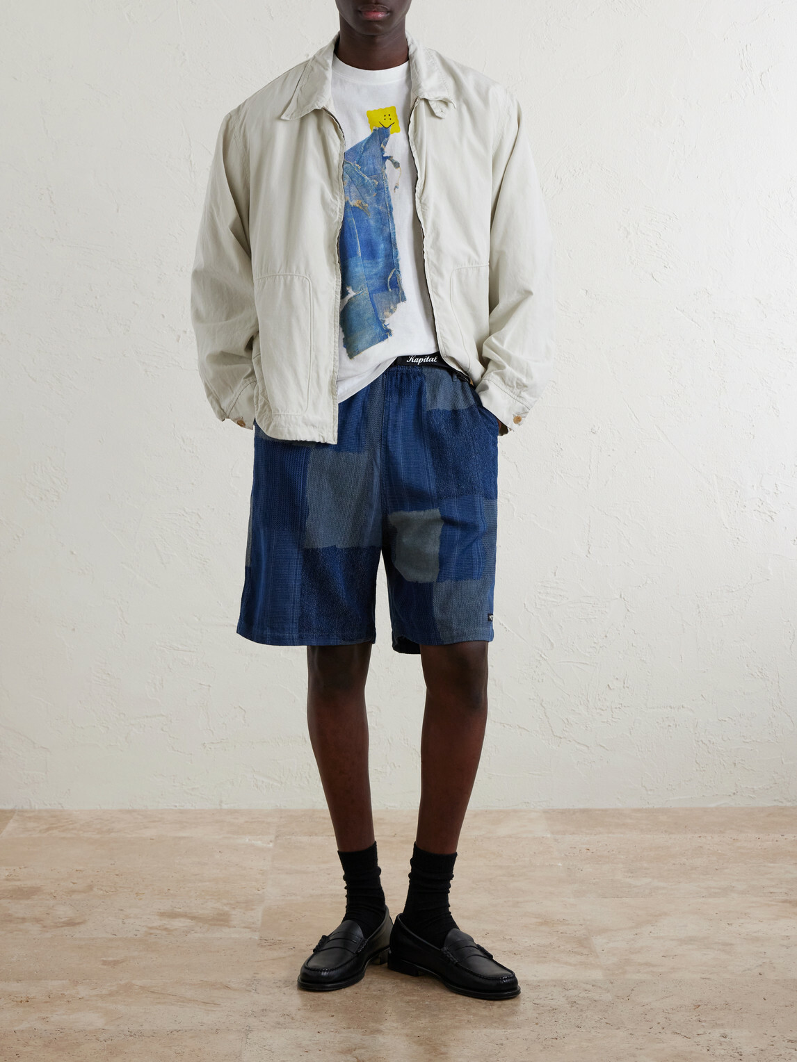 KAPITAL - Tugihagi Straight-Leg Belted Patchwork Cotton Shorts - Blue