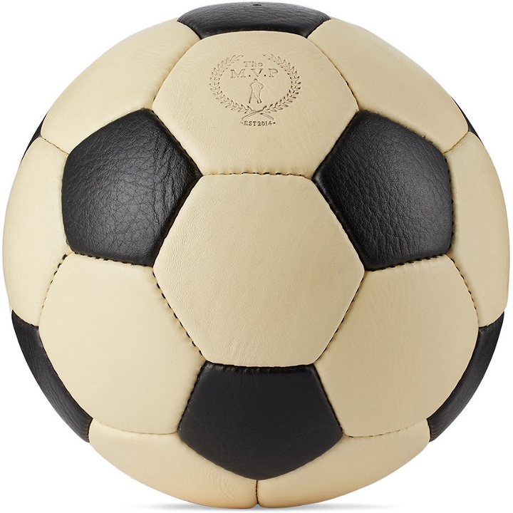 Photo: Modest Vintage Player Off-White & Black Leather Soccer Ball