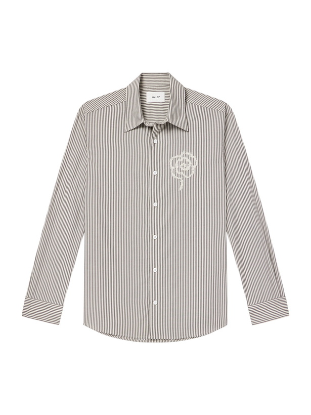 Photo: NN07 - Quinsy App 5322 Embroidered Striped Supima Cotton-Poplin Shirt - Brown