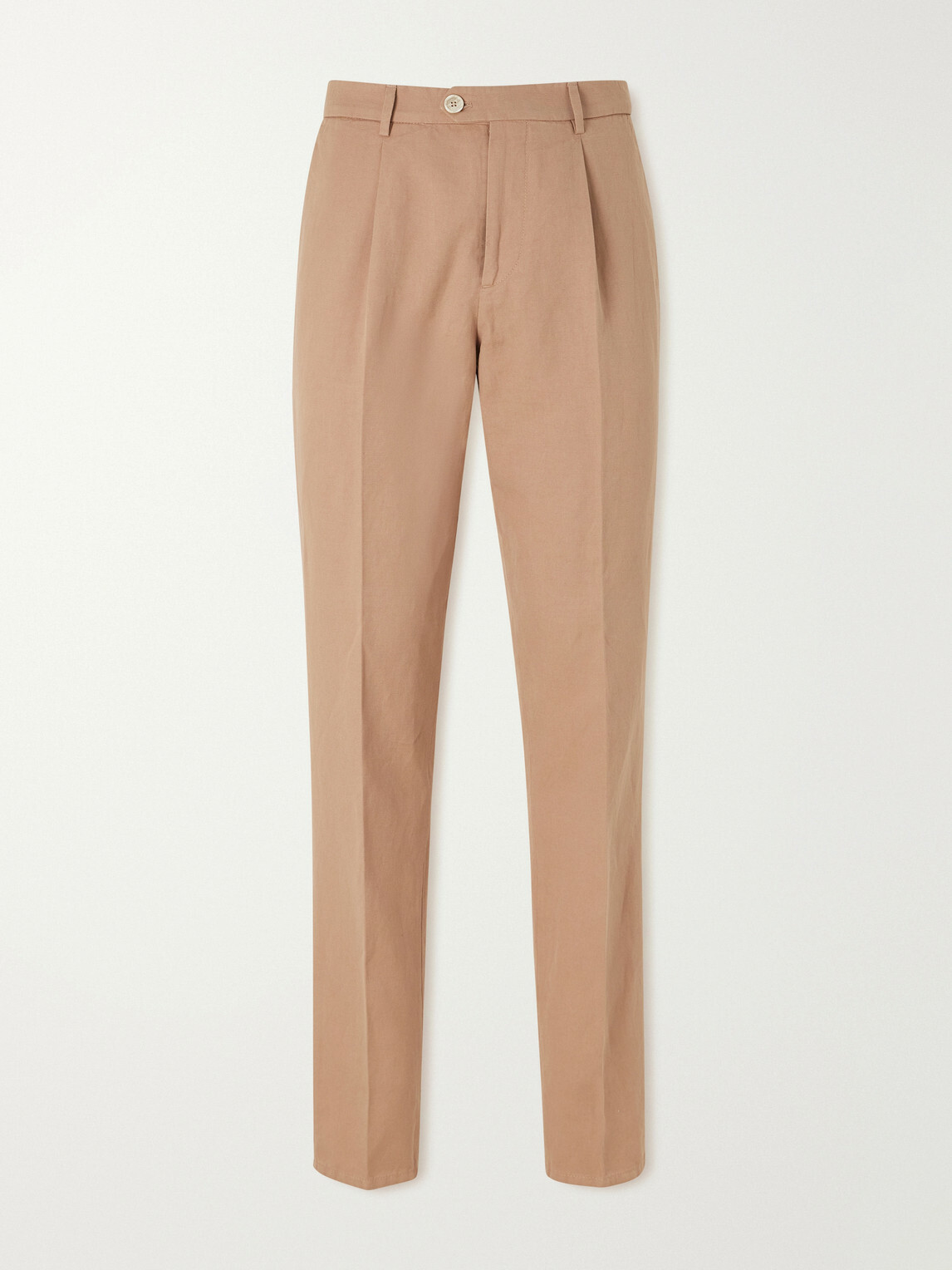 Brunello Cucinelli - Straight-Leg Pleated Cotton and Linen-Blend Trousers - Brown