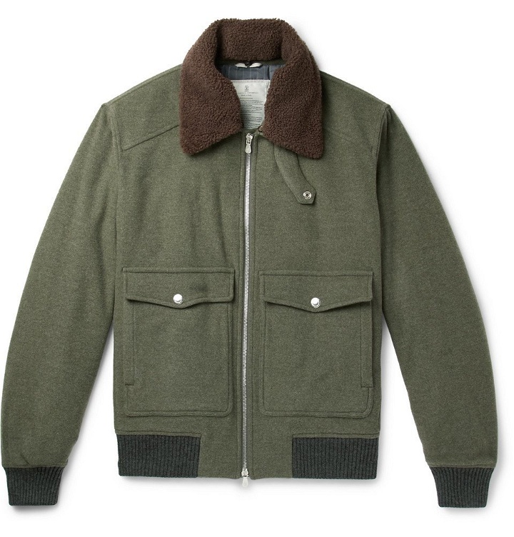 Photo: Brunello Cucinelli - Shearling-Trimmed Wool and Cashmere-Blend Felt Bomber Jacket - Men - Army green