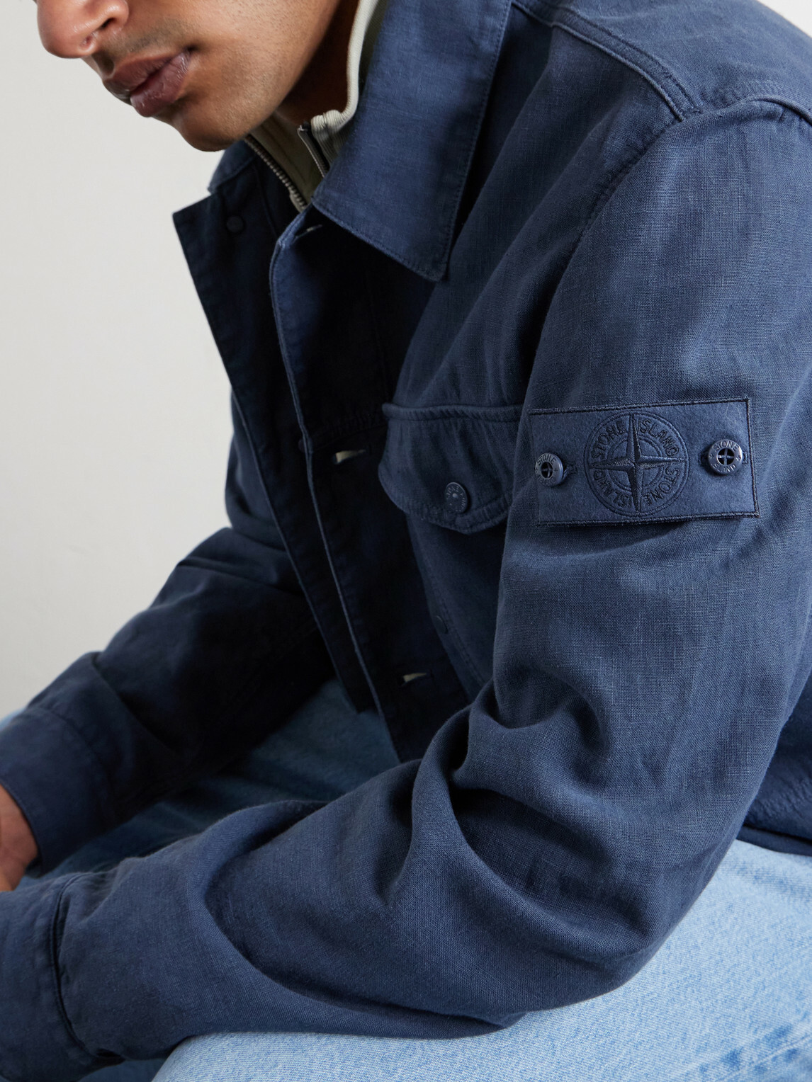 Stone Island - STONE ISLAND GHOST Linen-Blend Trucker Jacket - Blue