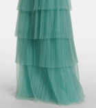 Costarellos Kali embellished tulle-trimmed plissé gown
