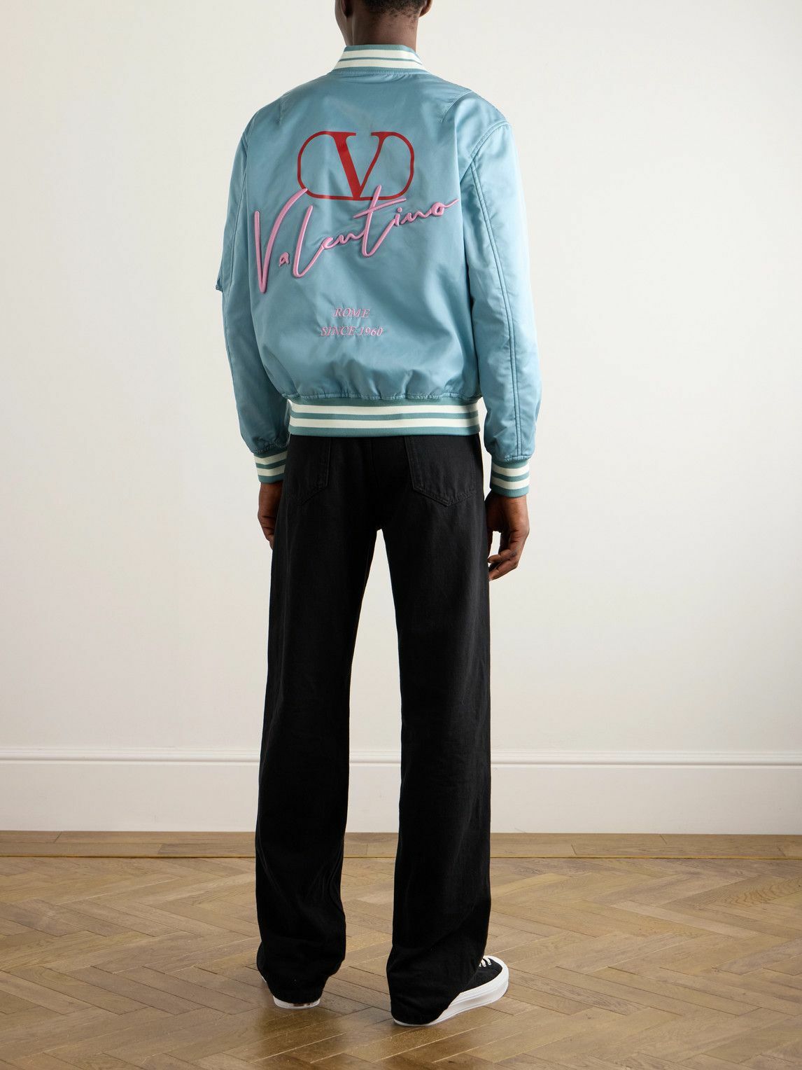 Valentino Garavani - Logo-Embroidered Striped Shell Bomber Jacket - Blue