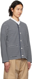 Engineered Garments White & Navy PC Stripe Jersey Knit Cardigan