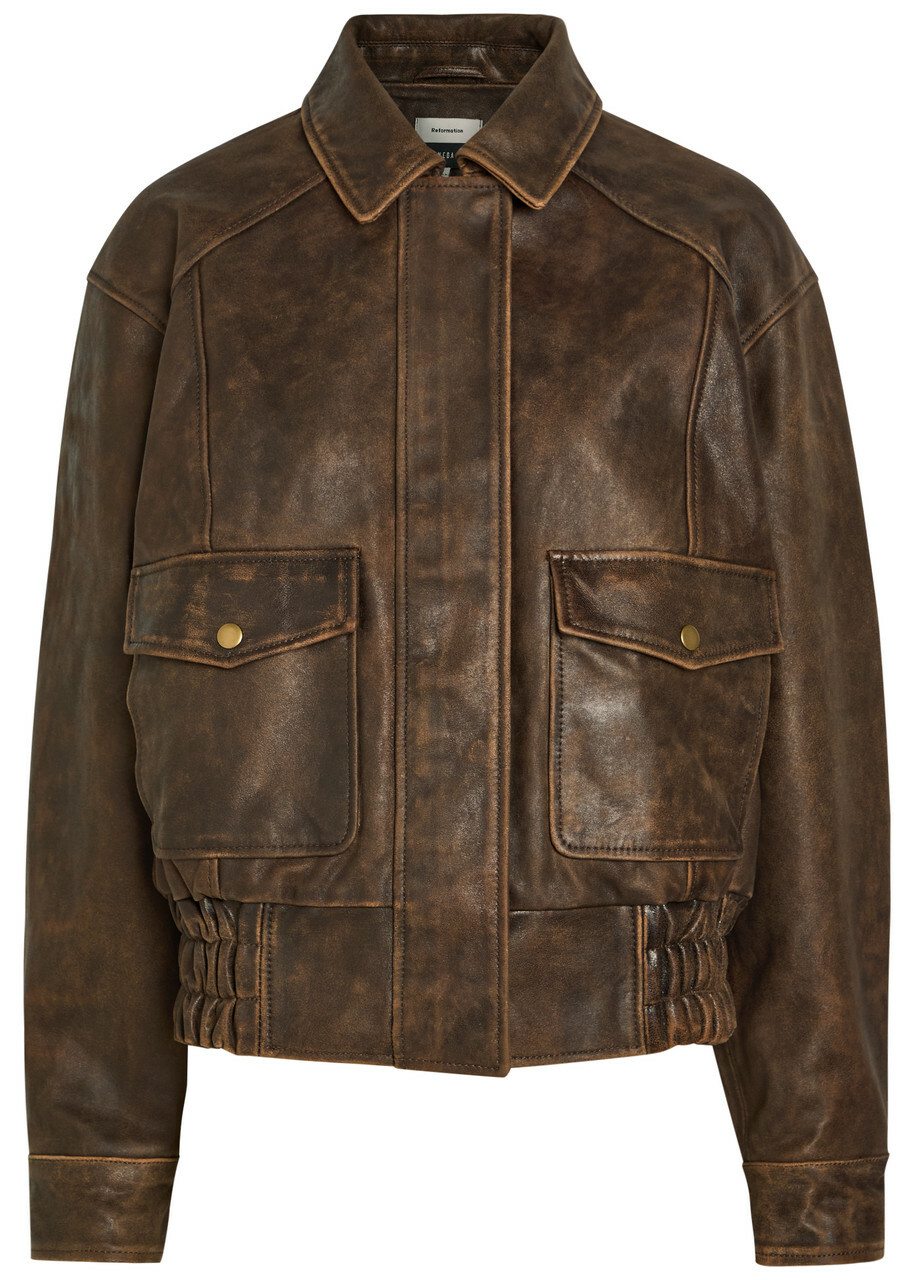 Reformation Daphne Panelled Leather Jacket Dark Brown