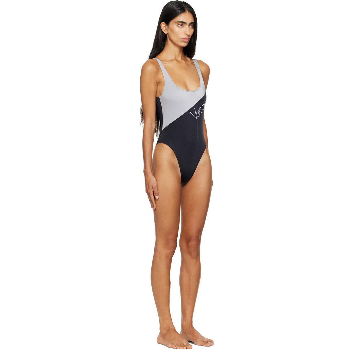 Versace Black & Gray Embroidered-Logo One-Piece Swimsuit