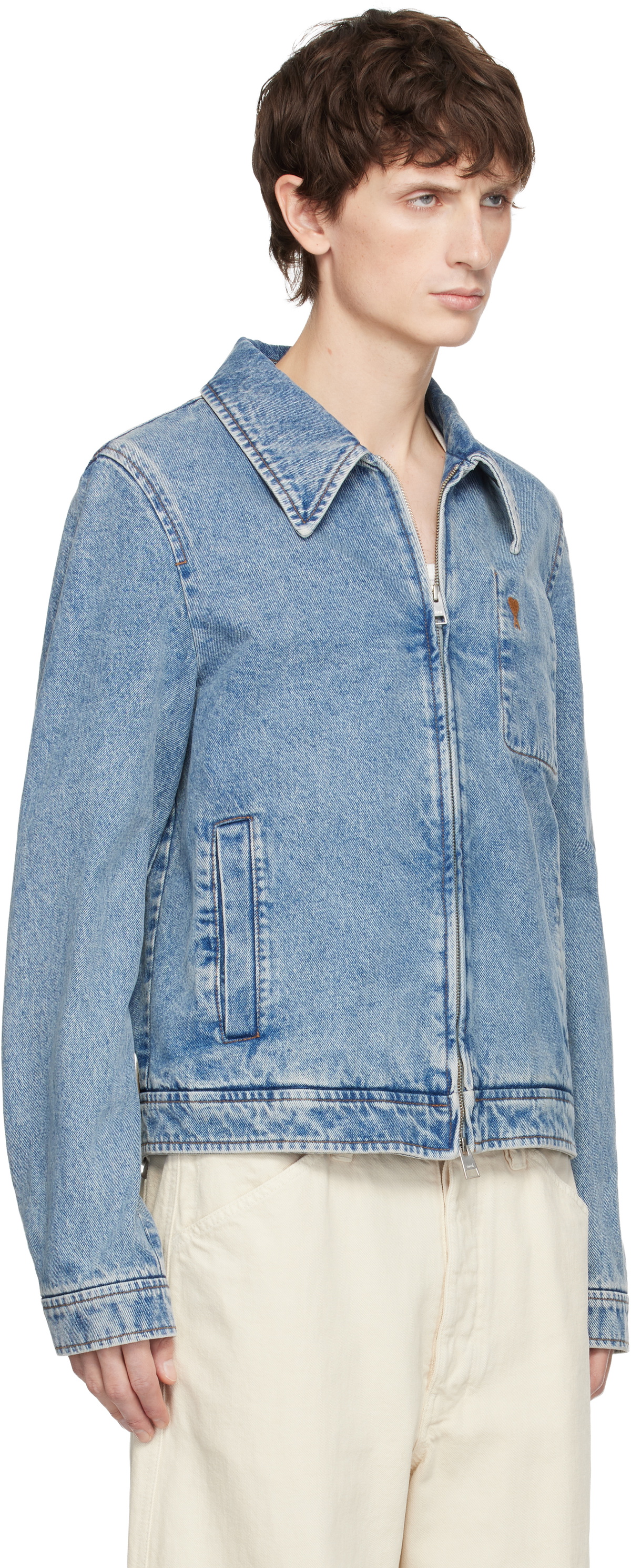 AMI Paris Blue Cotton Ami De Coeur Zipped Denim Jacket