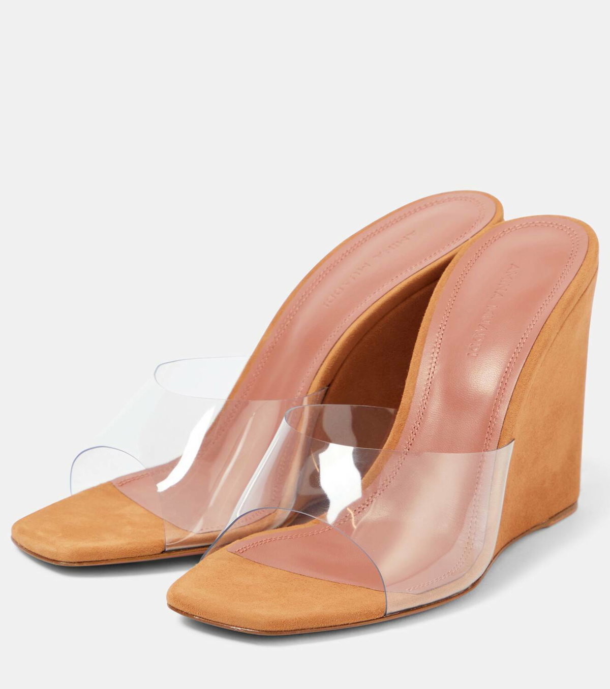 Amina Muaddi Lupita Half Glass PVC and suede wedge mules