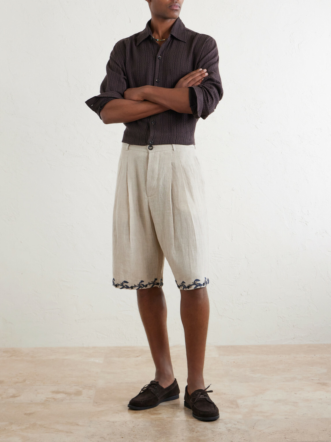 Kartik Research - Straight-Leg Pleated Embroidered Linen Shorts - Neutrals