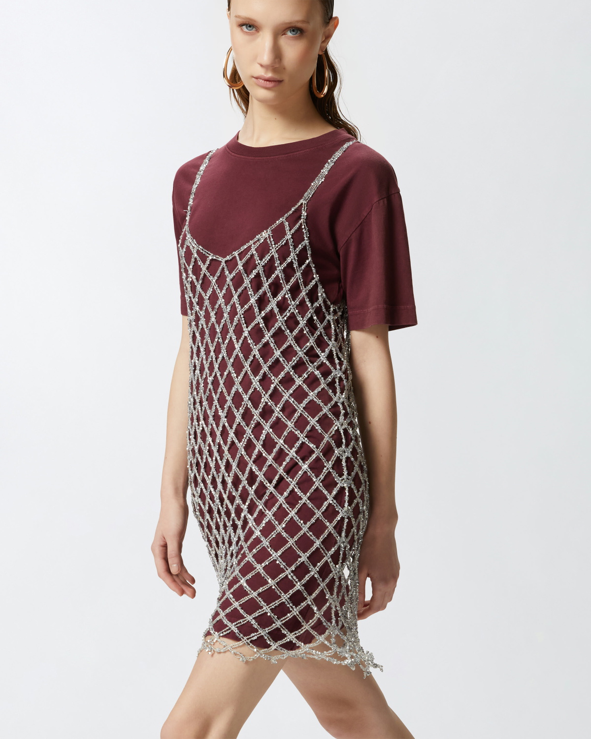 Pinko Short T Shirt Dress Combined With Sequin Dress Burgundy/Silver