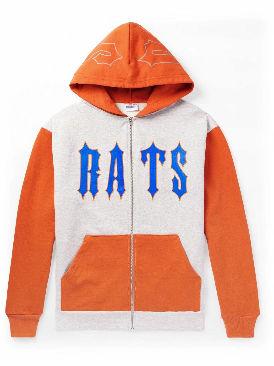 Photo: Stray Rats - Gothik Logo-Print Two-Tone Cotton-Jersey Zip-Up Hoodie - Orange