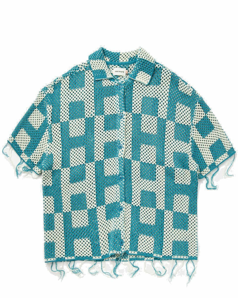 Photo: Honor The Gift Unisex Crochet Ss Button Down Blue/Beige - Mens - Shortsleeves