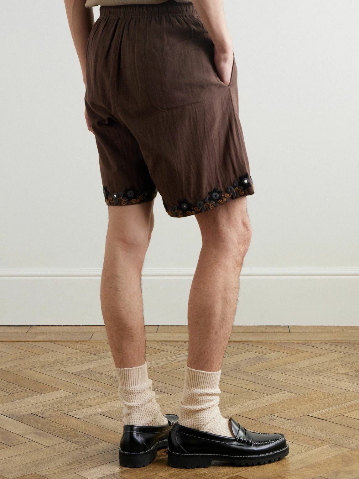 Kartik Research - Embellished Embroidered Cotton Shorts - Brown