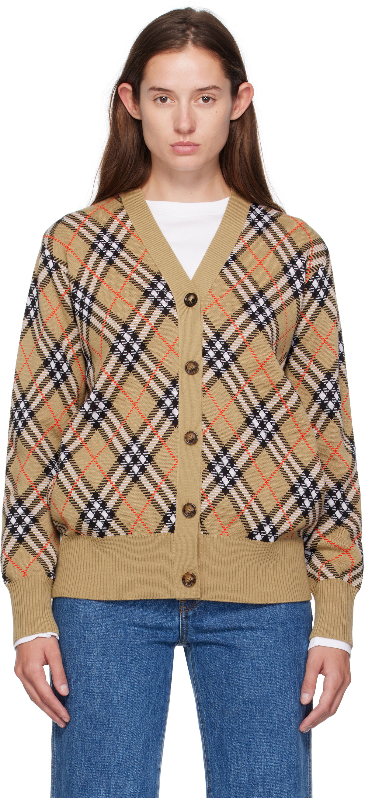 トップス Burberry Brown Check Agnese Cardigan Burberry Brown Check Agnese Cardigan Burberry