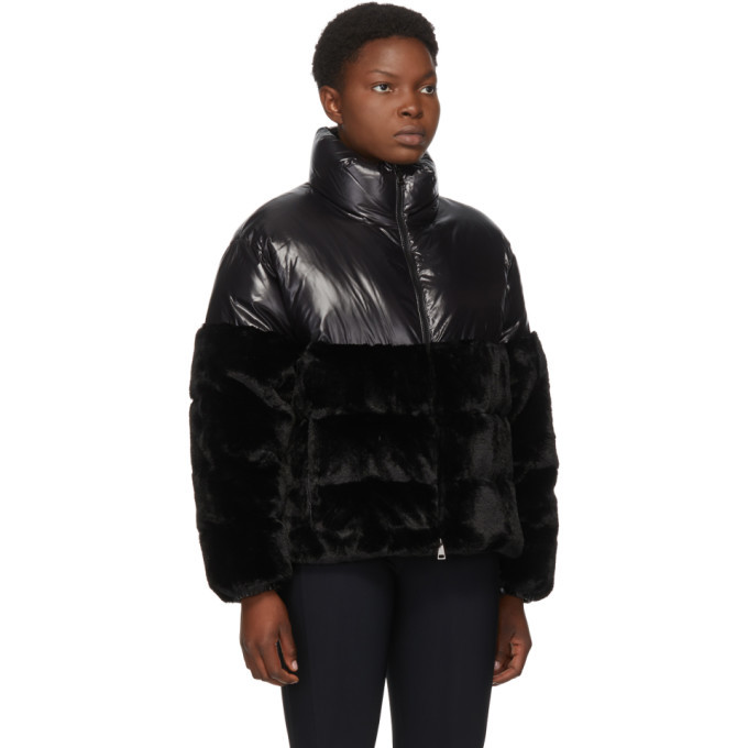 Moncler Black Down Faux-Fur Logo-Dec Jacket Moncler
