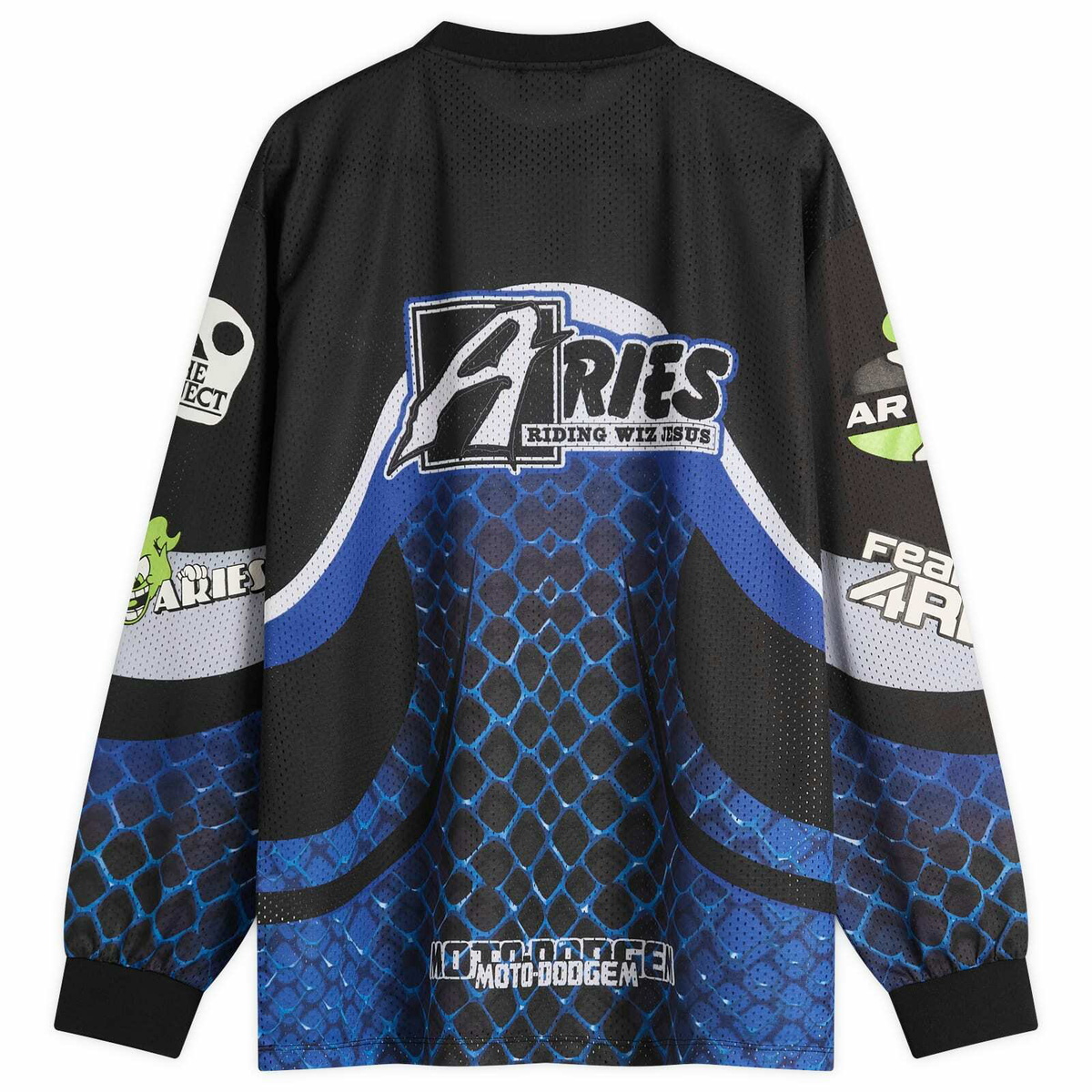 END. x Aries Moto Dodgem Airtex Long Sleeve Top in Black/Blue