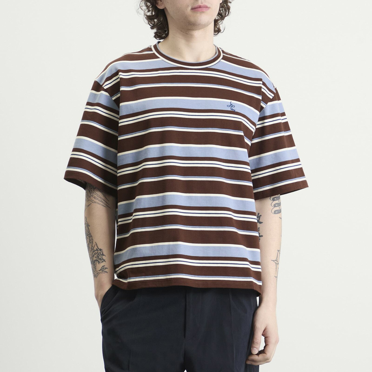Le Père Men's Tommy T-Shirt in Blue/Brown Stripe