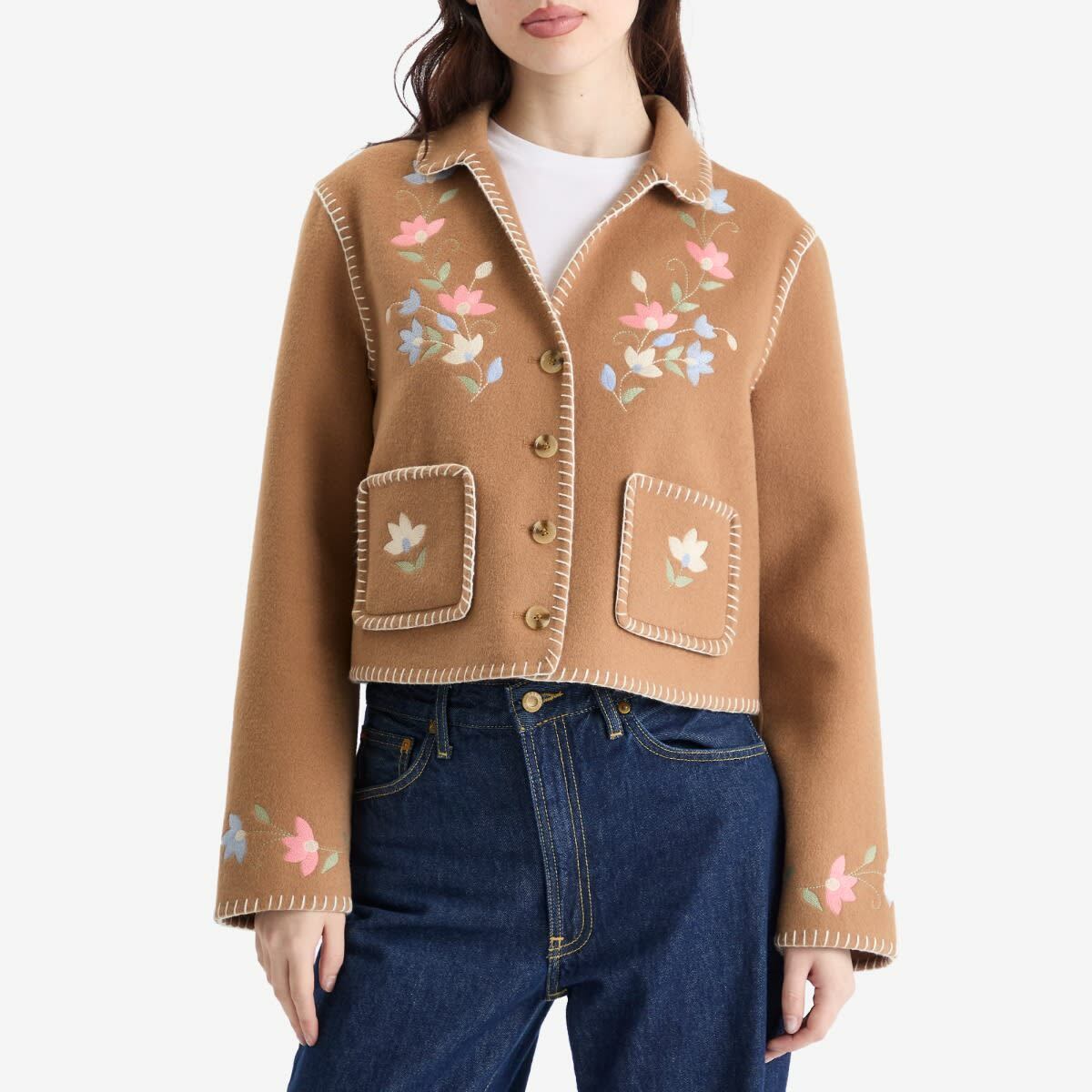 RIXO Women's Sunday Jacket in Petal Embroidery Tan
