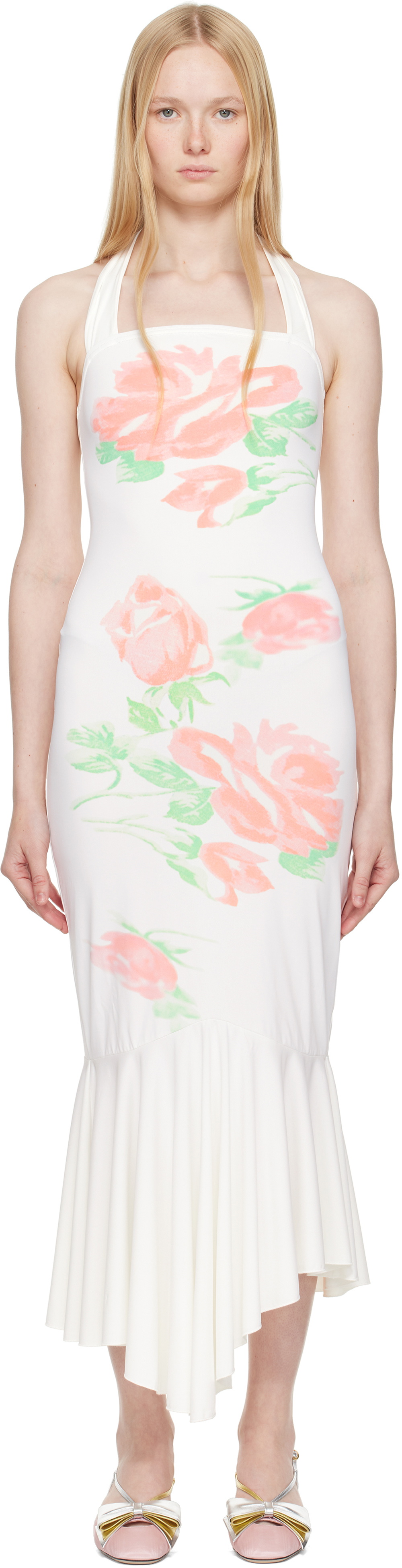 Yuhan Wang SSENSE Exclusive White Rose Printed Halterneck Midi Dress