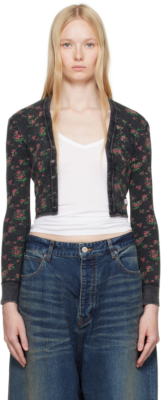 Photo: Alexander Wang Black Floral-Print Waffle Knit Cardigan