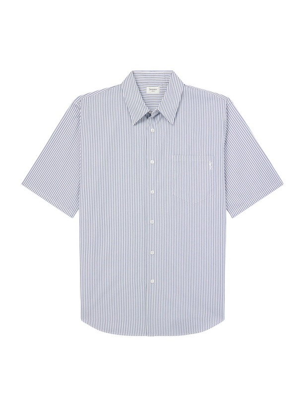 Photo: SAINT LAURENT - Logo-Embroidered Striped Cotton-Poplin Shirt - Blue