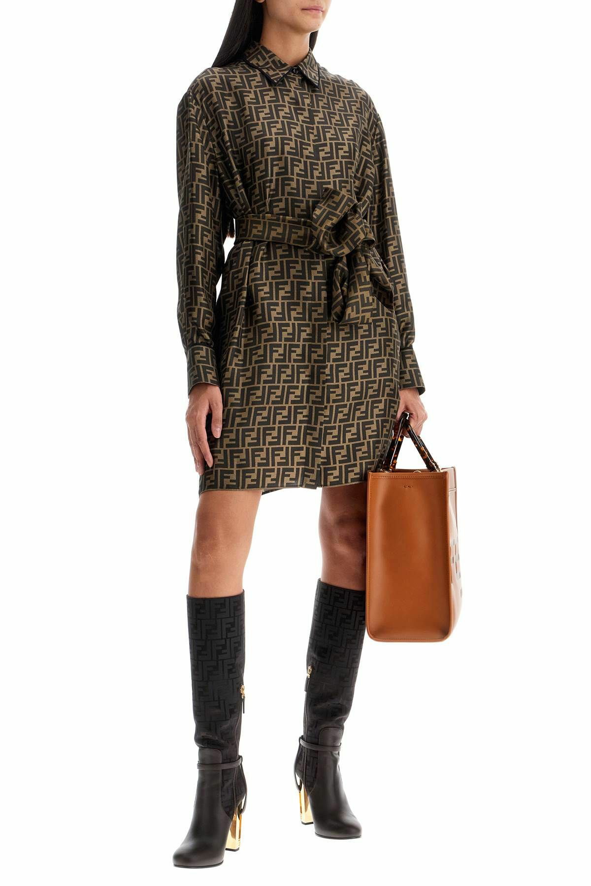 FENDI silk shirt dress with all-over logo Brown Fendi FENDI silk shirt dress with all-over logo Brown Fendi