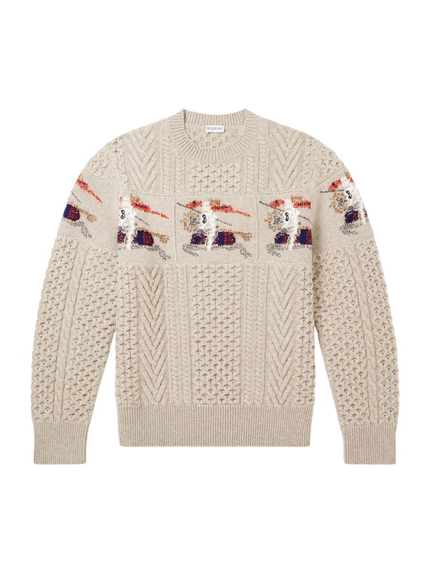 Photo: Burberry - Logo-Intarsia Cable-Knit Wool and Cashmere-Blend Sweater - Neutrals