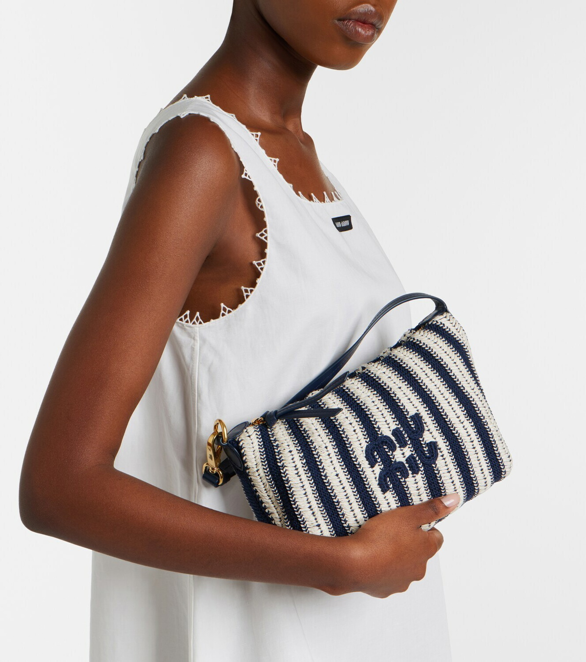 Miu Miu Striped leather-trimmed crochet shoulder bag