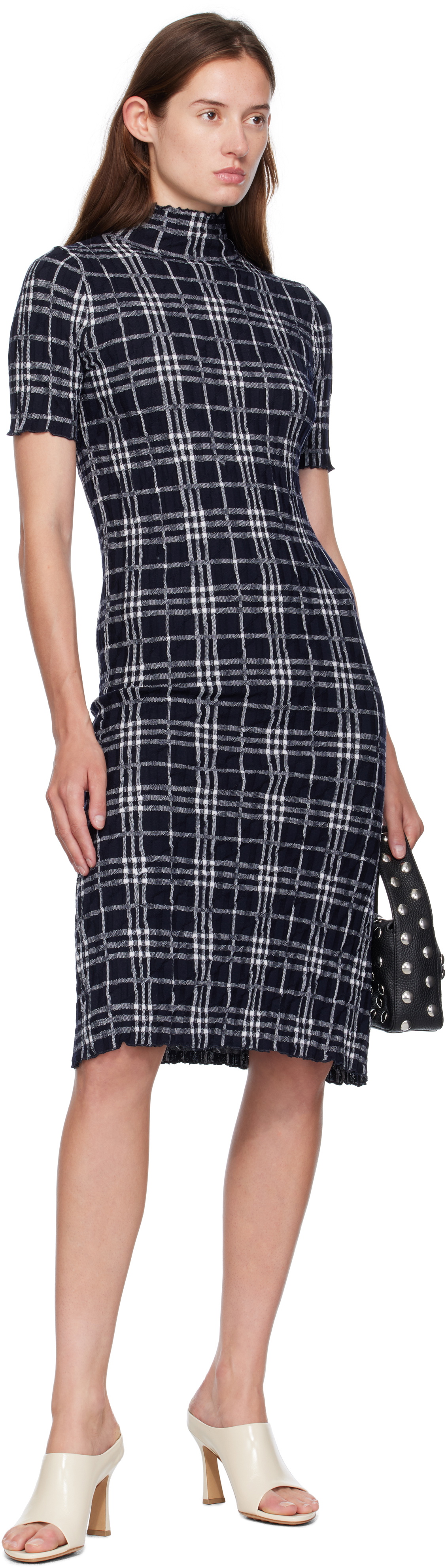 Burberry Navy & White Check Wool Blend Midi Dress