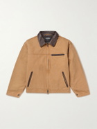 FrizmWORKS - Leather-Trimmed Distressed Cotton-Canvas Jacket - Brown