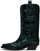 GANNI Green Metallic Mid Shaft Embroidered Western Boots