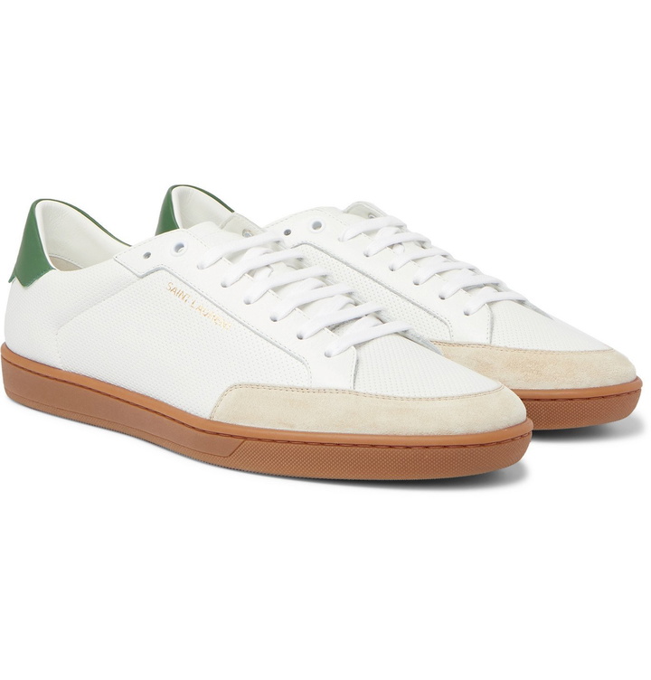 Photo: SAINT LAURENT - SL/10 Suede-Trimmed Perforated Leather Sneakers - White