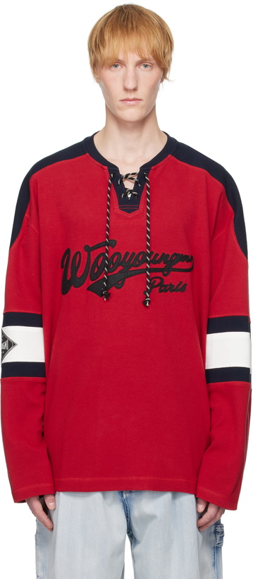 Photo: WOOYOUNGMI Red Long Sleeve Rugby T-shirt