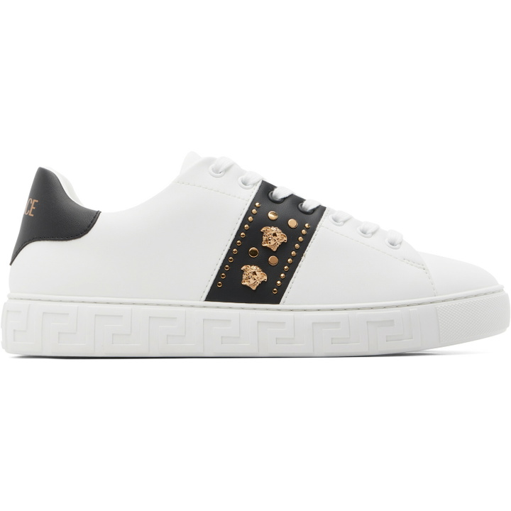 Photo: Versace White Greca Embellished Nylon Sneakers