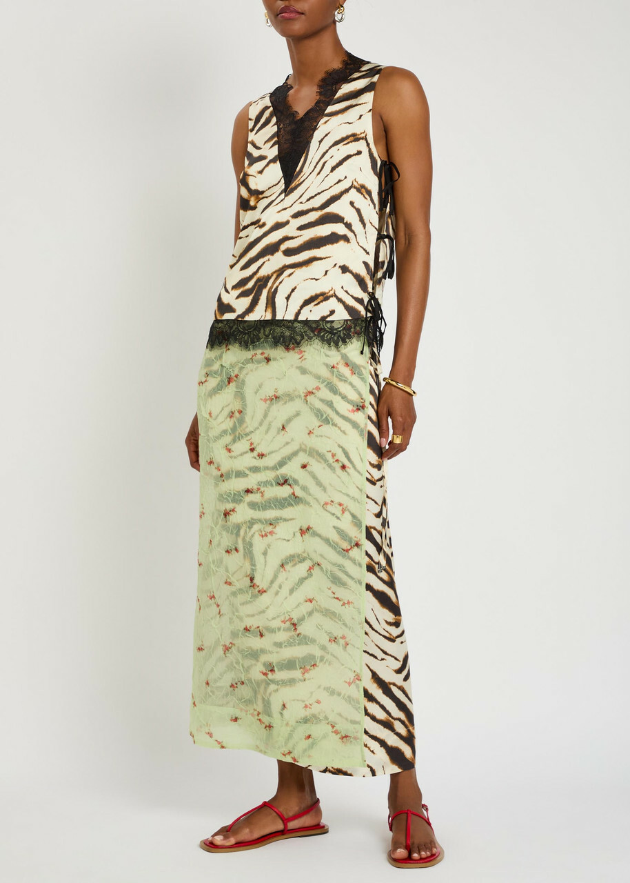 Ganni Printed Lace-trim Satin top White