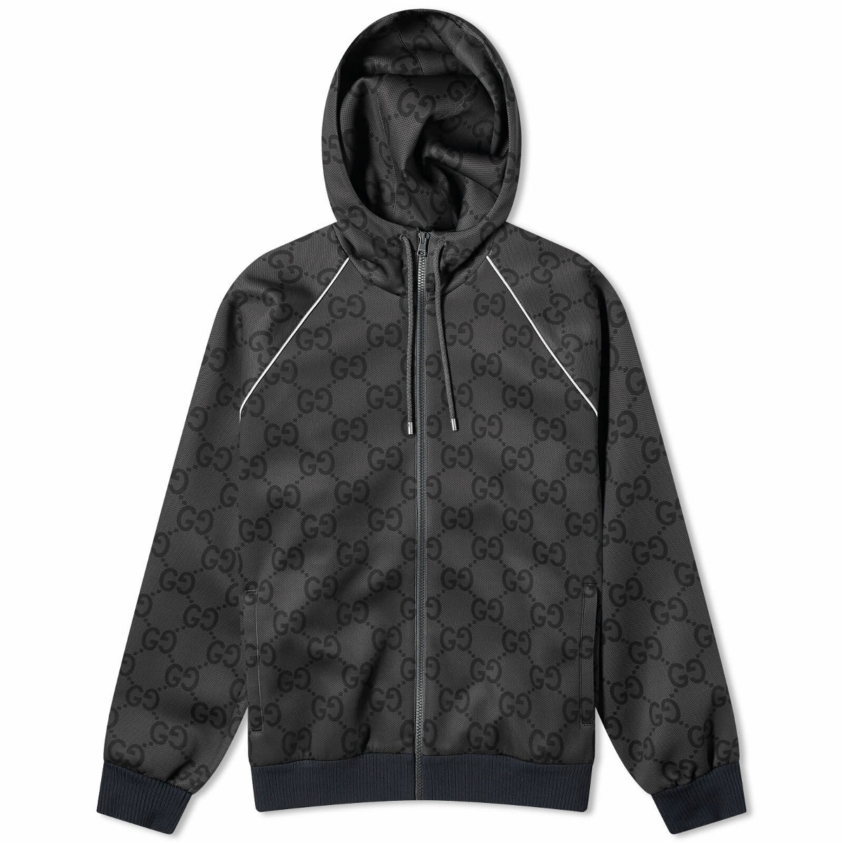Photo: Gucci Men's Light Neoprene Jumbo GG Hooded Jacket in Grey