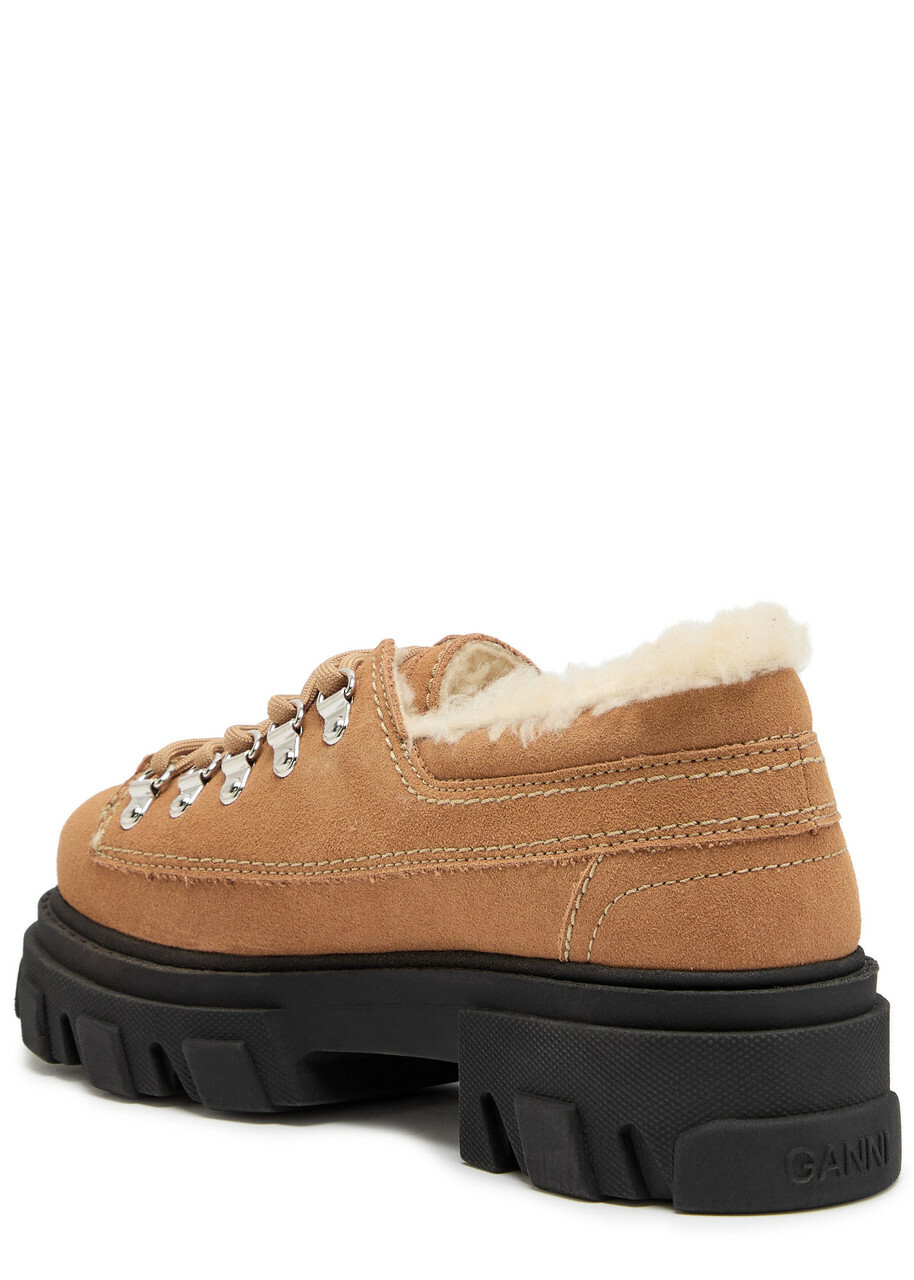 Ganni Faux Shearling-trimmed Suede Derby Shoes Tan