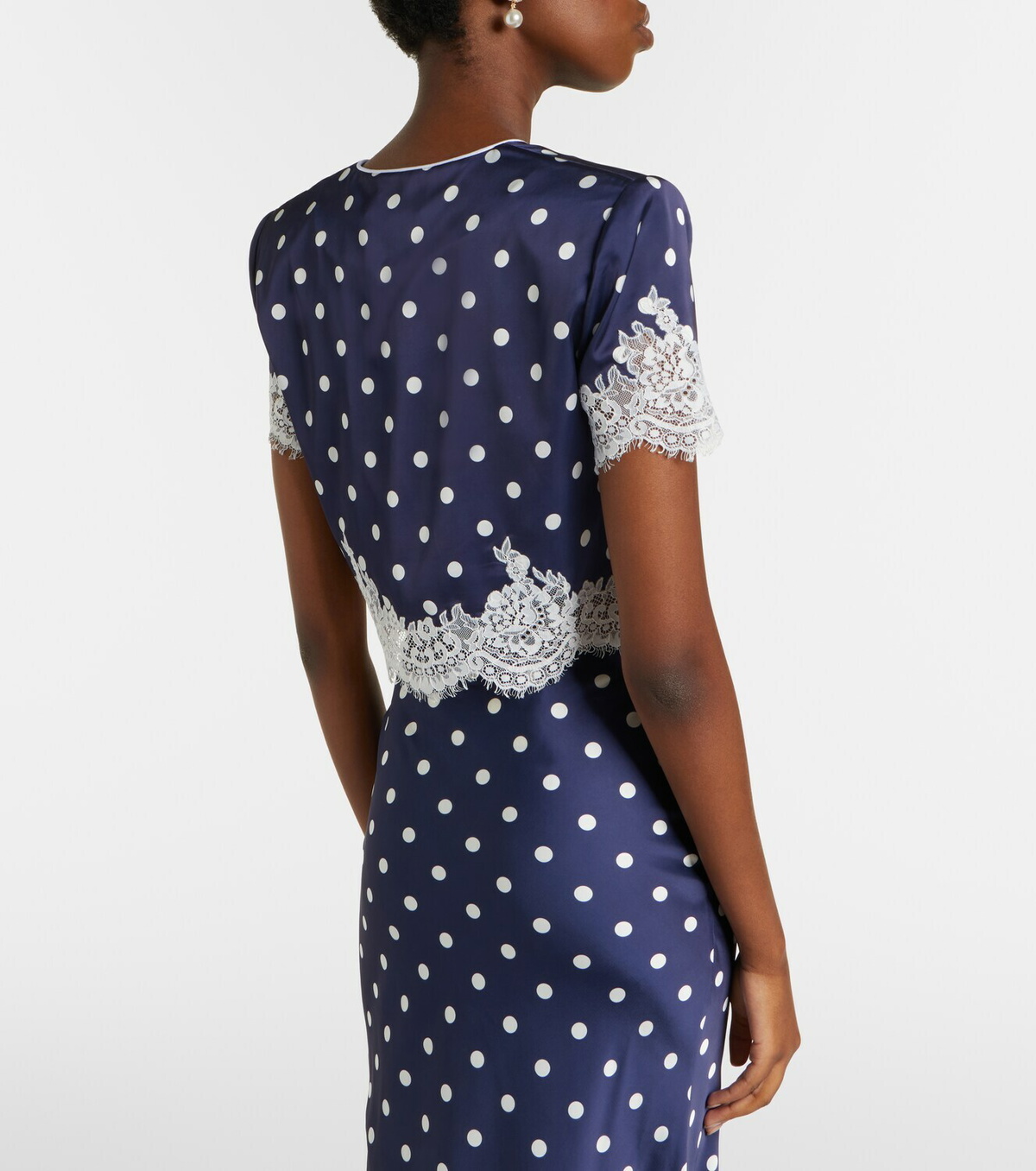 Self-Portrait Lace-trimmed polka-dot satin crop top
