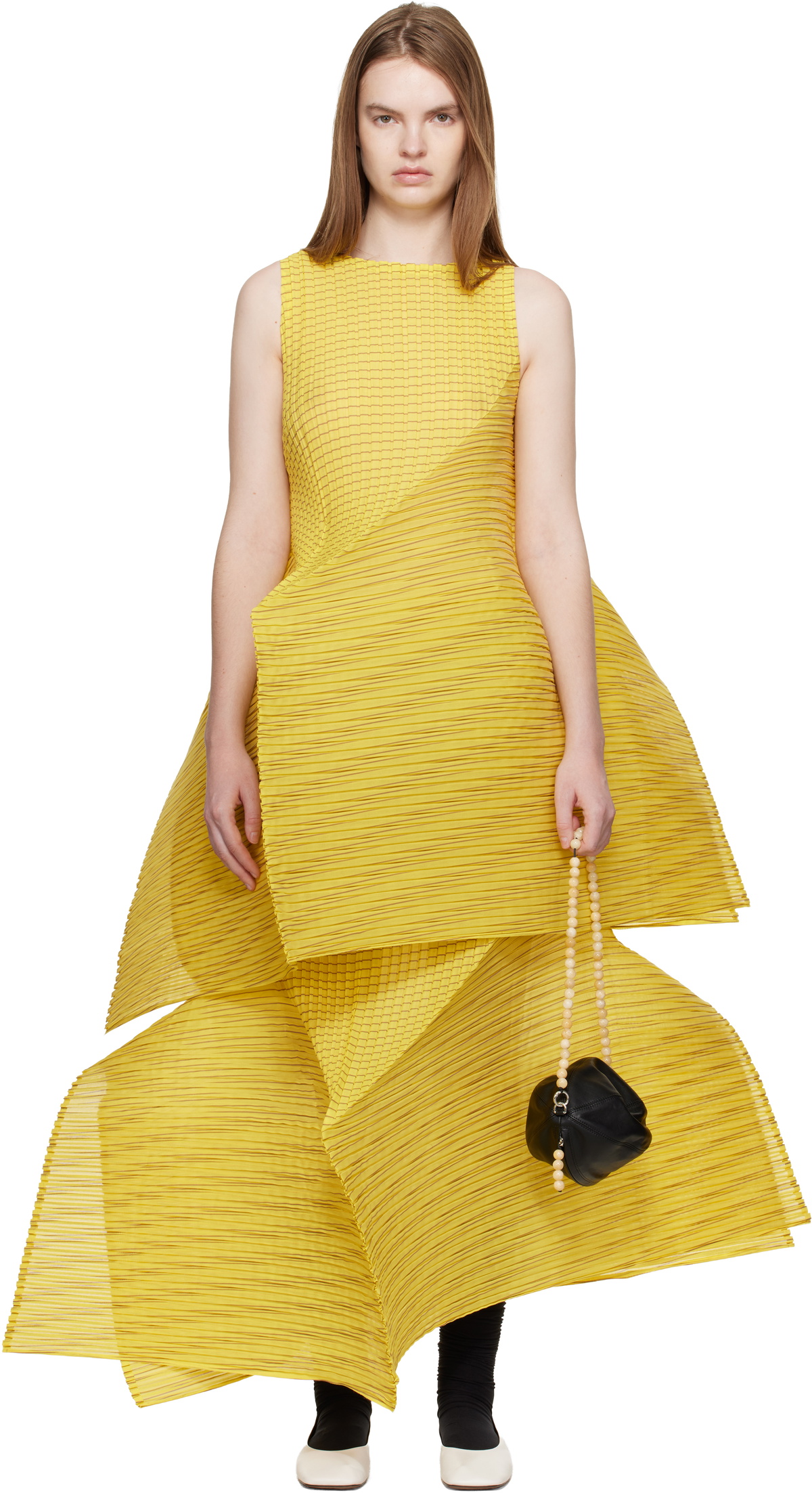 ISSEY MIYAKE Yellow Generic Stripes Machine Pleats Minidress