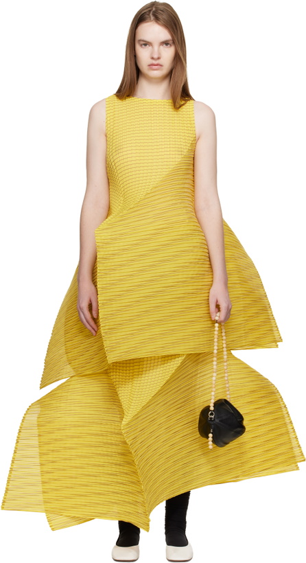 Photo: ISSEY MIYAKE Yellow Generic Stripes Machine Pleats Minidress