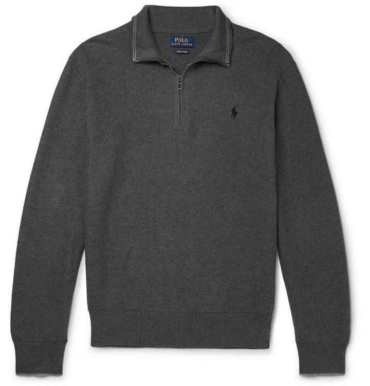 Photo: Polo Ralph Lauren - Waffle-Knit Cotton Half-Zip Sweater - Gray