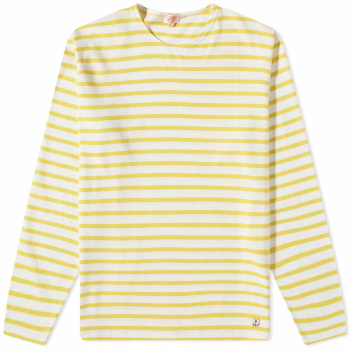 Photo: Armor-Lux Men's 59654 Long Sleeve Organic Stripe T-Shirt in Milk/Neon Yellow