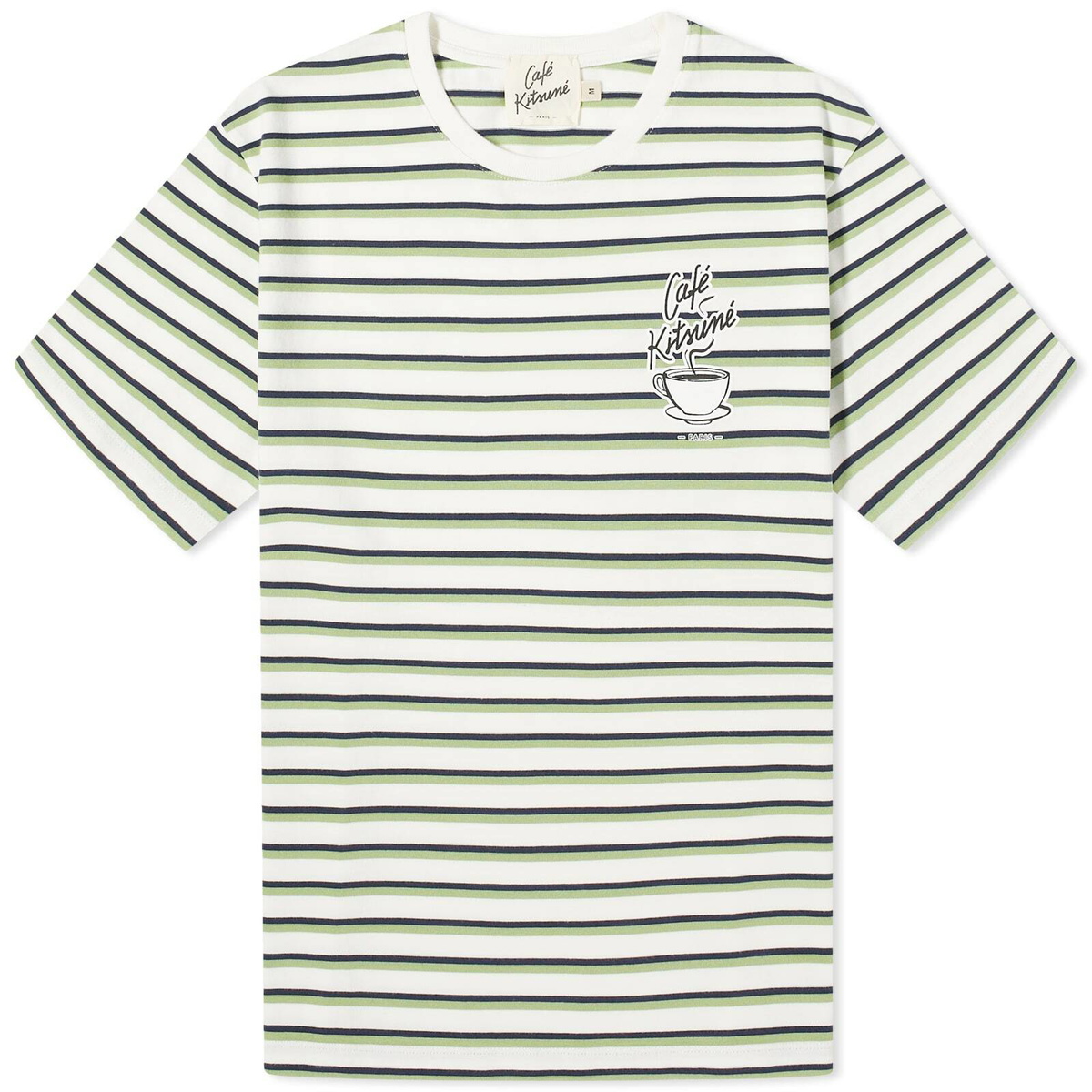 Maison Kitsuné Men's Cafe Kitsune Coffee Cup Printed Striped Regular T-Shirt in Navy/White/Fox Stripes