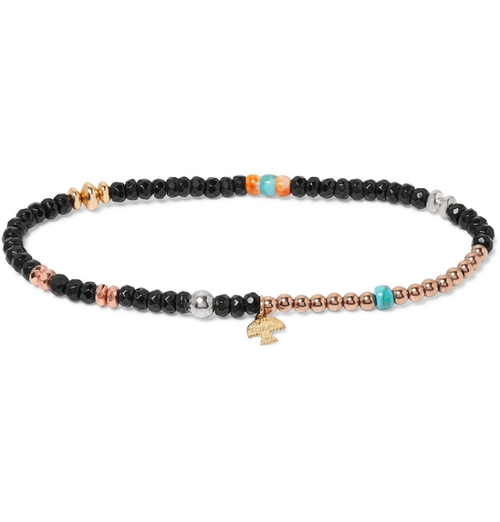 Photo: Peyote Bird - Onyx, Turquoise, Oyster, Sterling Silver and Gold-Fill Bracelet - Black