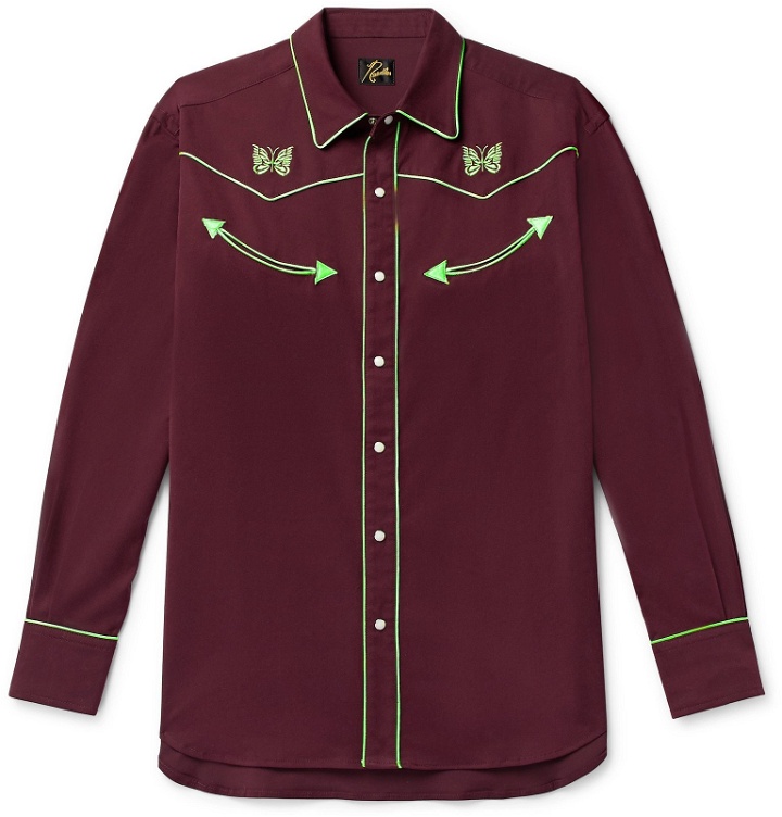 Photo: Needles - Logo-Embroidered Piped Twill Shirt - Burgundy