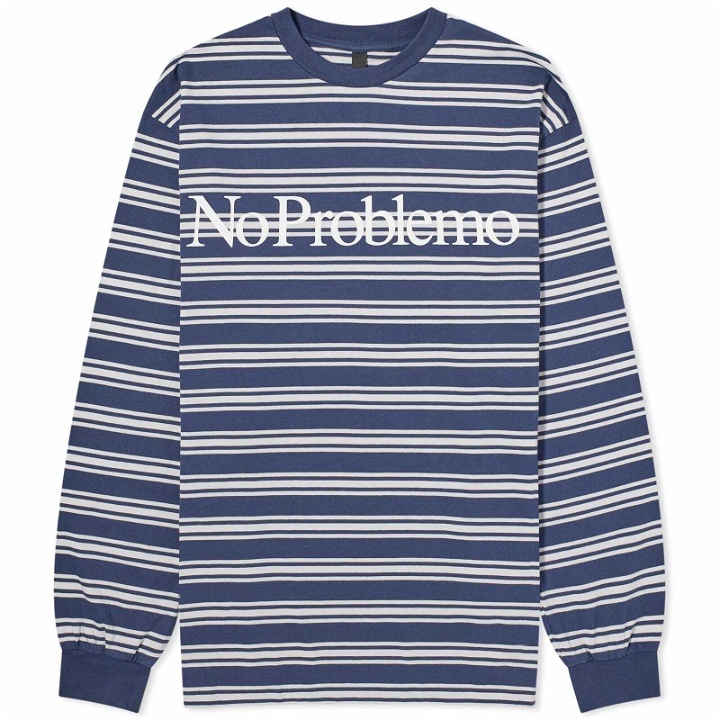 Photo: NoProblemo Men's Logo Stripe Long Sleeve T-Shirt in Navy/Grey