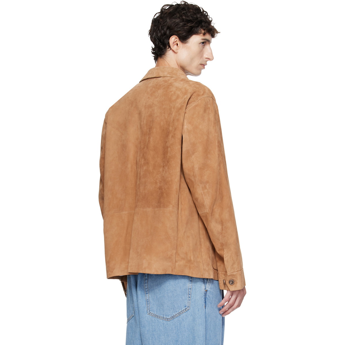 BOSS Tan Button-Up Suede Checkered Lining Leather Jacket