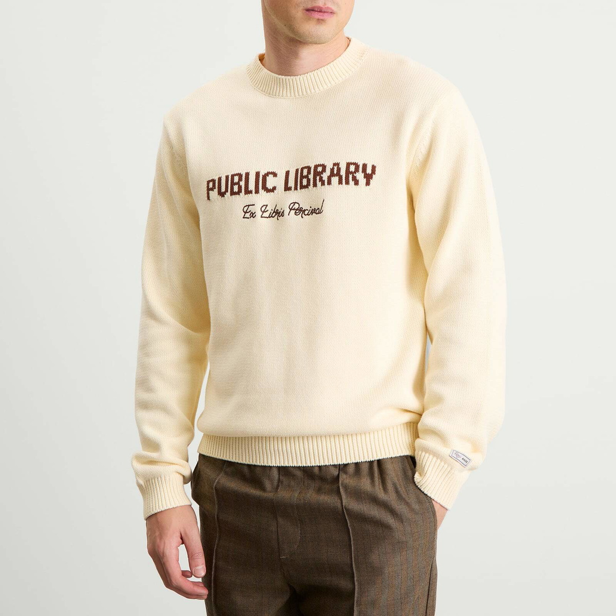 Percival Men's Public Library Knitted Crew Jumper in Ecru