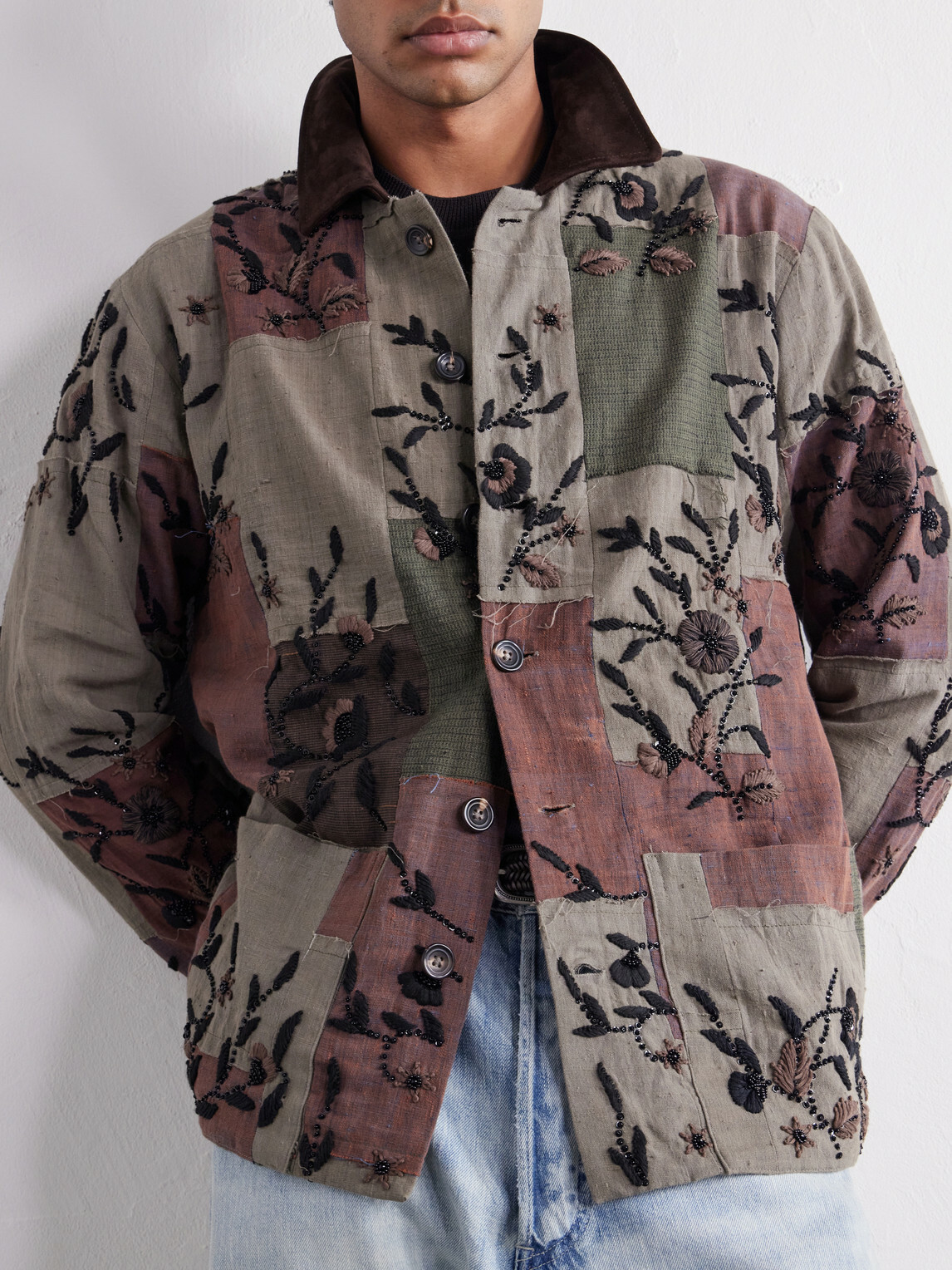 Kartik Research - Embroidered Patchwork Suede-Trimmed Cotton Chore Jacket - Green
